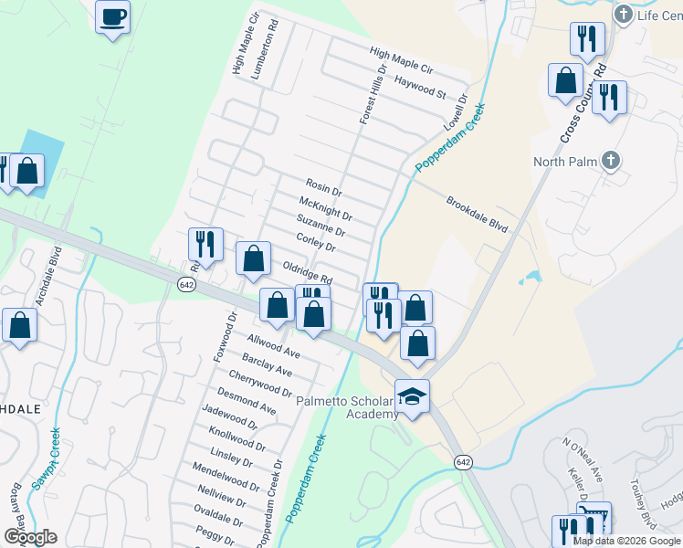 map of restaurants, bars, coffee shops, grocery stores, and more near 7631 Valleyview Circle in North Charleston