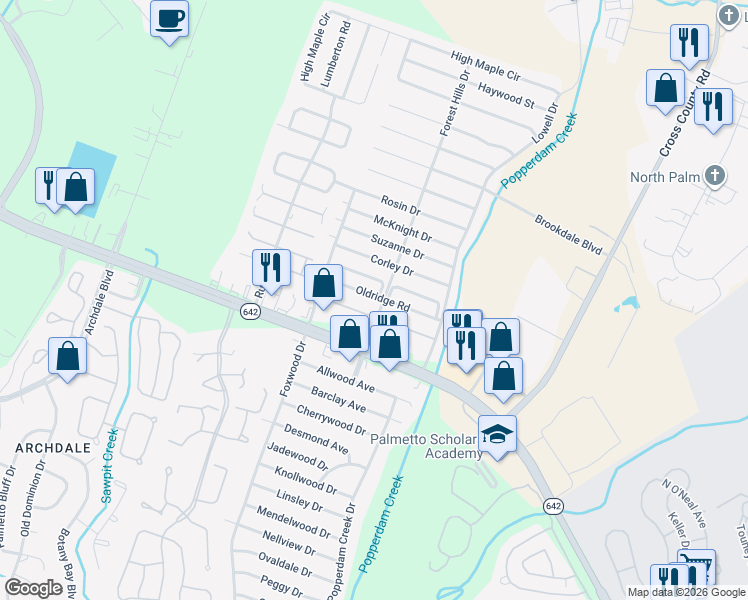 map of restaurants, bars, coffee shops, grocery stores, and more near 7674 Oldridge Road in North Charleston