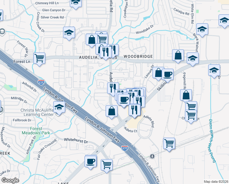 map of restaurants, bars, coffee shops, grocery stores, and more near 11450 Audelia Road in Dallas