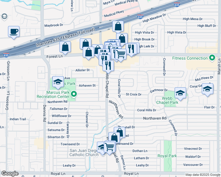 map of restaurants, bars, coffee shops, grocery stores, and more near 3118 Tower Trail in Dallas