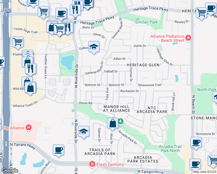 map of restaurants, bars, coffee shops, grocery stores, and more near 3824 Spencer Street in Fort Worth