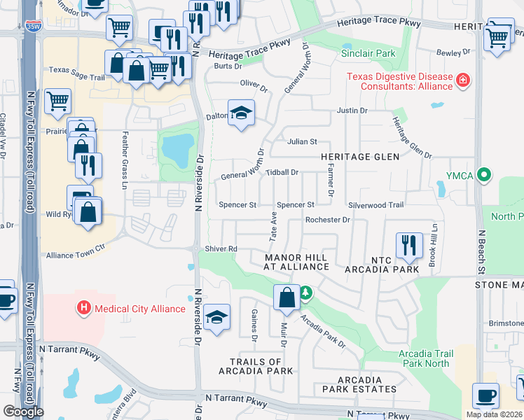 map of restaurants, bars, coffee shops, grocery stores, and more near 3732 Spencer Street in Fort Worth