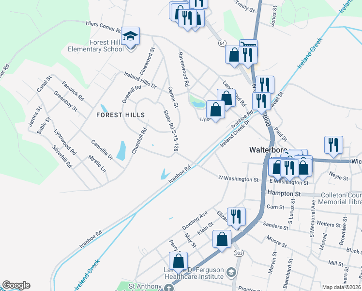 map of restaurants, bars, coffee shops, grocery stores, and more near 217 Woodlawn Street in Walterboro