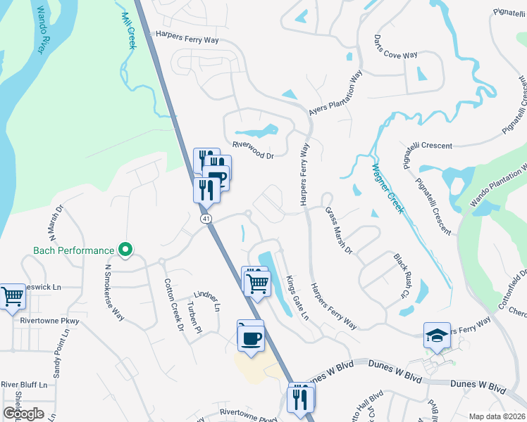 map of restaurants, bars, coffee shops, grocery stores, and more near 259 Fair Sailing in Mount Pleasant