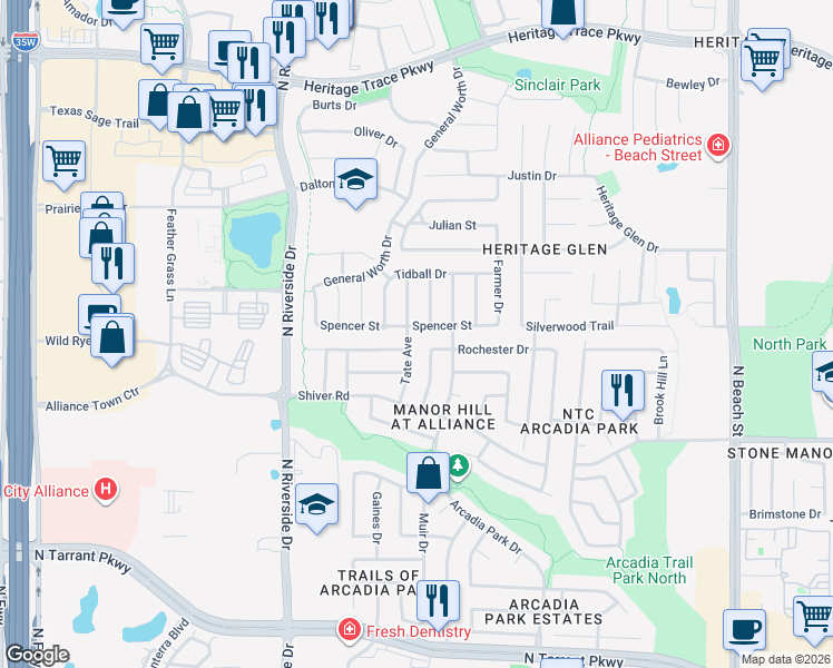 map of restaurants, bars, coffee shops, grocery stores, and more near 3824 Spencer Street in Fort Worth