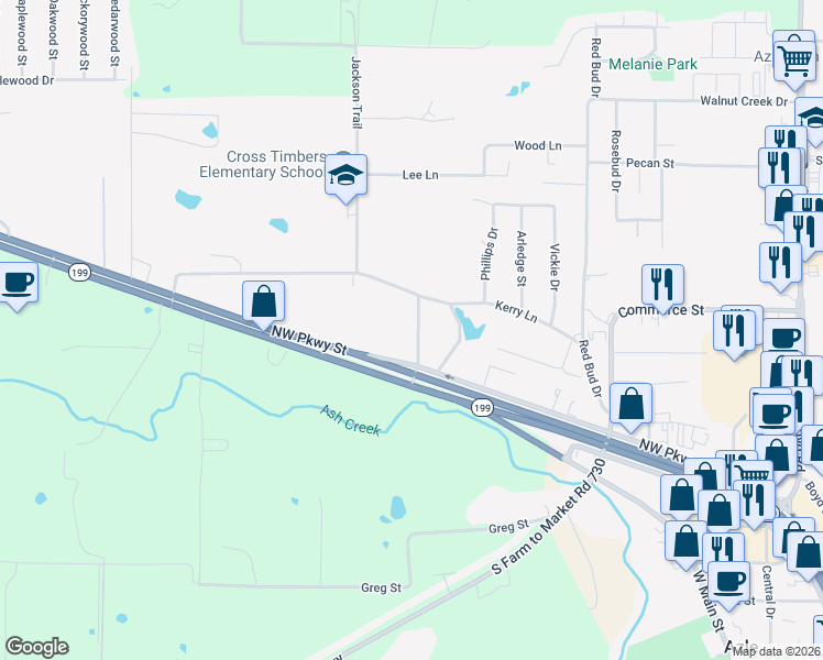 map of restaurants, bars, coffee shops, grocery stores, and more near 117 Westline Road in Azle