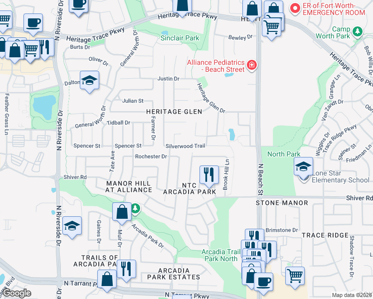 map of restaurants, bars, coffee shops, grocery stores, and more near 4190 Silverwood Trail in Fort Worth