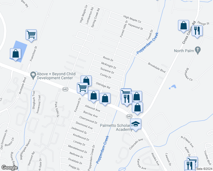 map of restaurants, bars, coffee shops, grocery stores, and more near 7674 Oldridge Road in North Charleston