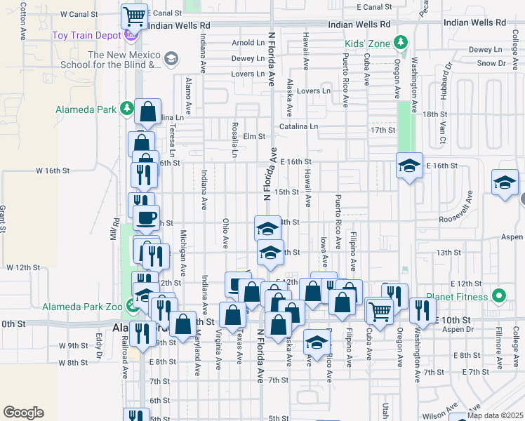 map of restaurants, bars, coffee shops, grocery stores, and more near 1407 North Florida Avenue in Alamogordo