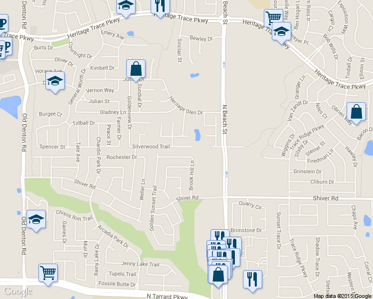 map of restaurants, bars, coffee shops, grocery stores, and more near 4324 Silverwood Trail in Fort Worth