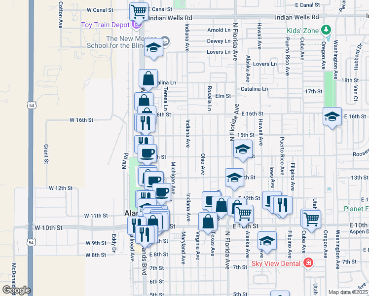 map of restaurants, bars, coffee shops, grocery stores, and more near 1409 Indiana Avenue in Alamogordo