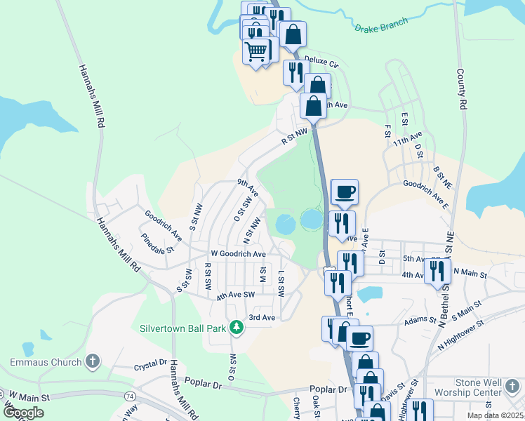 map of restaurants, bars, coffee shops, grocery stores, and more near 148 N Street Northwest in Thomaston