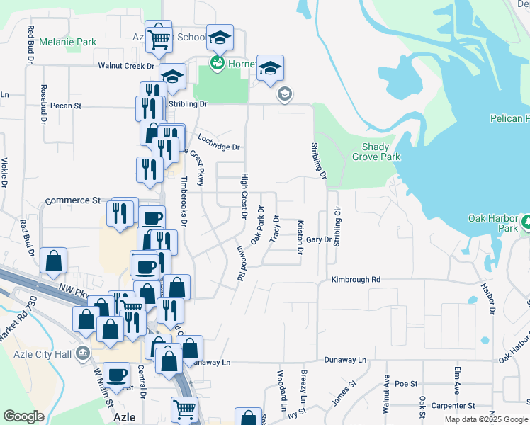 map of restaurants, bars, coffee shops, grocery stores, and more near 748 Oak Park Drive in Azle