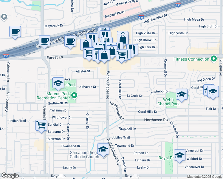 map of restaurants, bars, coffee shops, grocery stores, and more near 3118 Tower Trail in Dallas