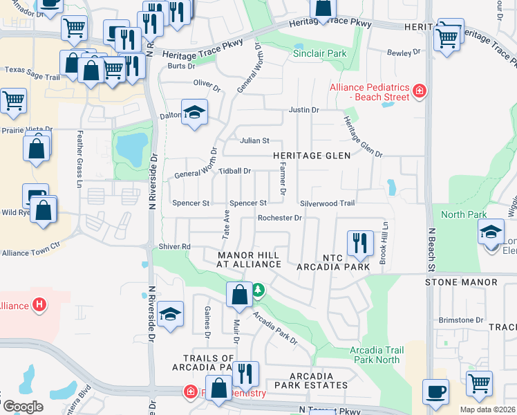 map of restaurants, bars, coffee shops, grocery stores, and more near 3920 Spencer Street in Fort Worth