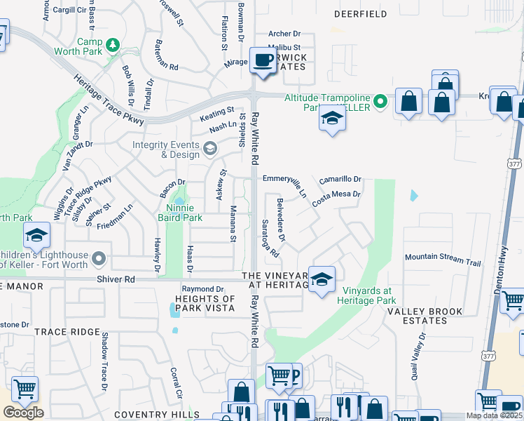 map of restaurants, bars, coffee shops, grocery stores, and more near 9121 Saratoga Road in Fort Worth