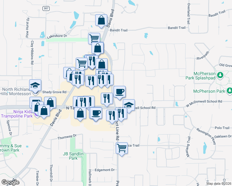 map of restaurants, bars, coffee shops, grocery stores, and more near 8310 Precinct Line Road in Colleyville