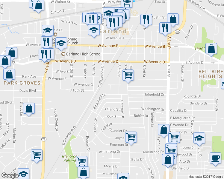 map of restaurants, bars, coffee shops, grocery stores, and more near 810 S 7th St in Garland