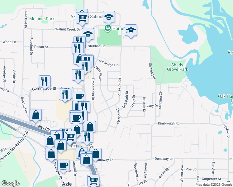 map of restaurants, bars, coffee shops, grocery stores, and more near 416 Meadow Crest Drive in Azle
