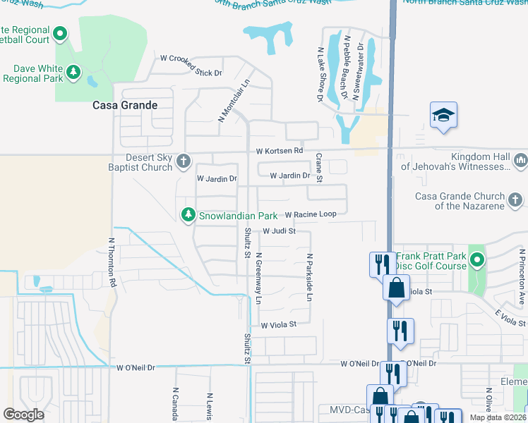 map of restaurants, bars, coffee shops, grocery stores, and more near 650 West Racine Loop in Casa Grande