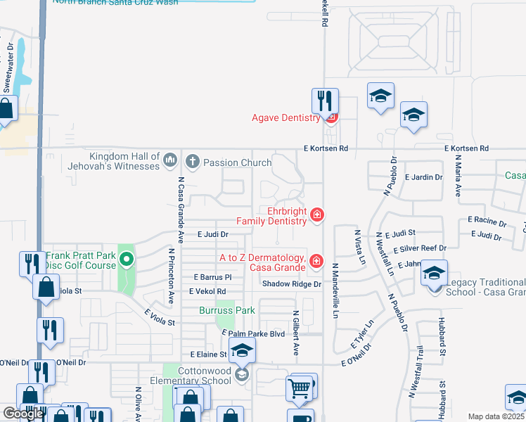 map of restaurants, bars, coffee shops, grocery stores, and more near 1918 North Avenue De Palmas in Casa Grande