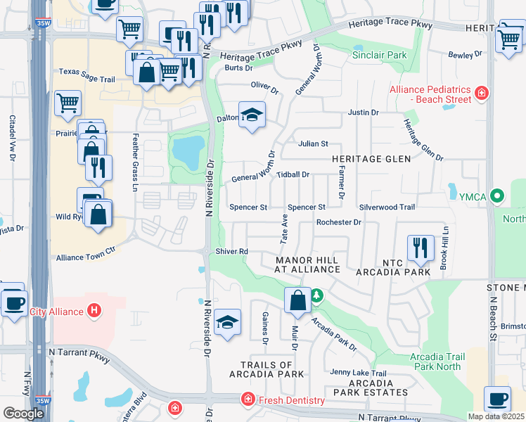 map of restaurants, bars, coffee shops, grocery stores, and more near 3732 Spencer St in Fort Worth