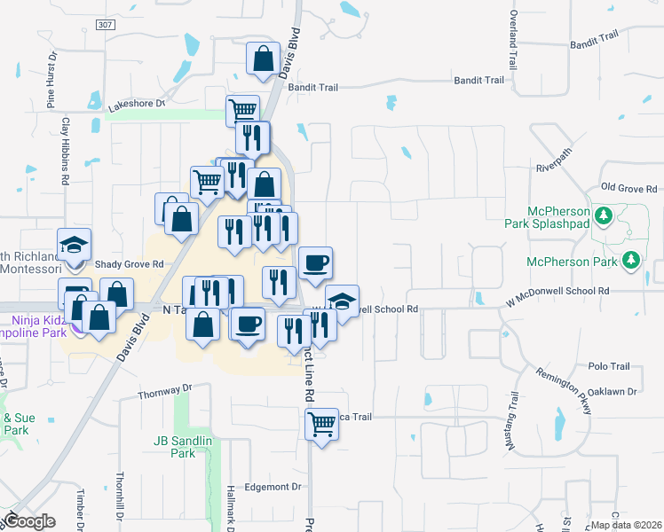 map of restaurants, bars, coffee shops, grocery stores, and more near 6611 Curtis Road in Colleyville