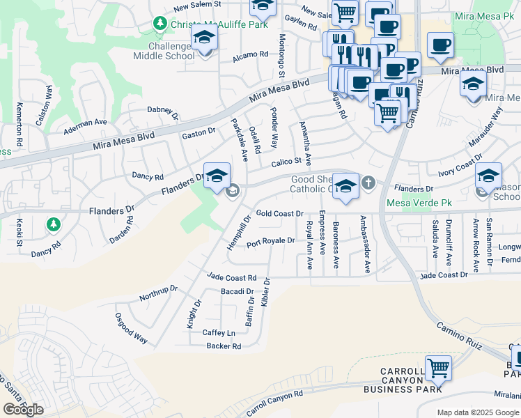 map of restaurants, bars, coffee shops, grocery stores, and more near 7912 Gold Coast Drive in San Diego