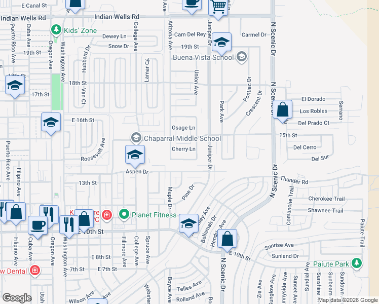 map of restaurants, bars, coffee shops, grocery stores, and more near 2314 Cherry Lane in Alamogordo