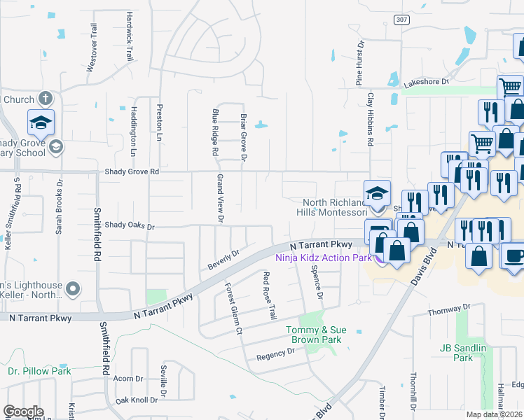 map of restaurants, bars, coffee shops, grocery stores, and more near 8404 Franklin Court in North Richland Hills