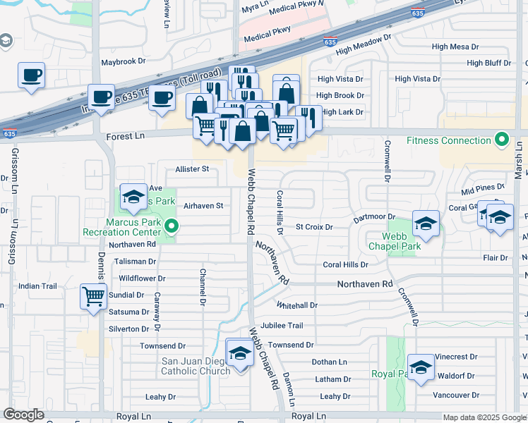 map of restaurants, bars, coffee shops, grocery stores, and more near 3118 Tower Trail in Dallas