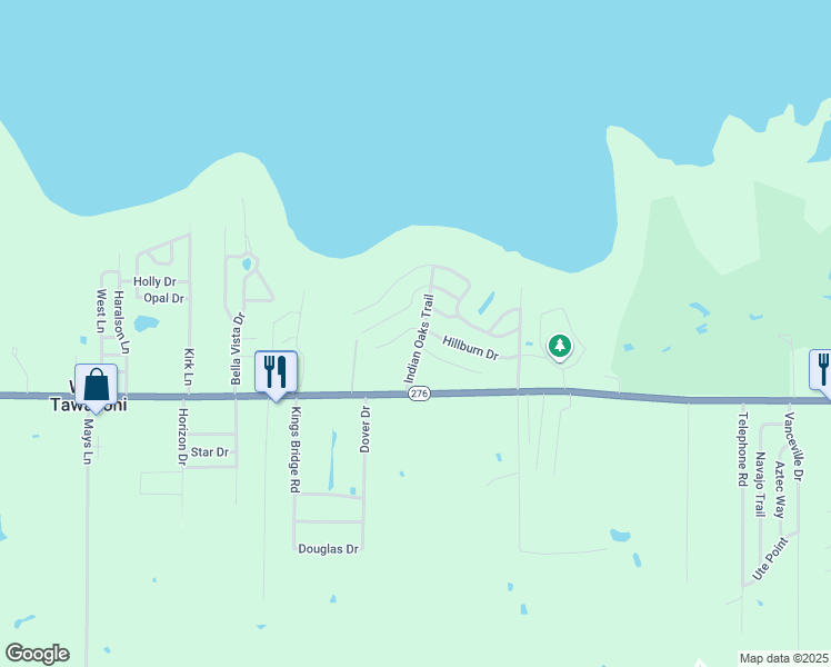 map of restaurants, bars, coffee shops, grocery stores, and more near 205 Indian Oaks Trail in West Tawakoni