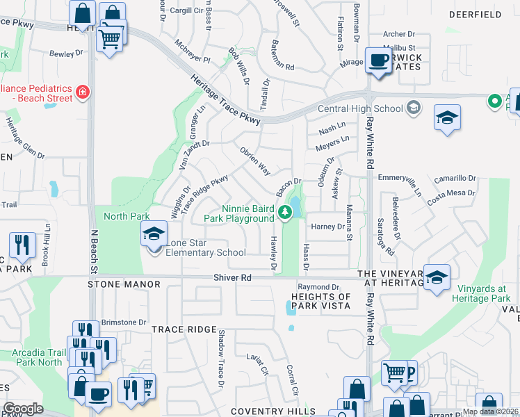 map of restaurants, bars, coffee shops, grocery stores, and more near 9117 Hawley Drive in Fort Worth