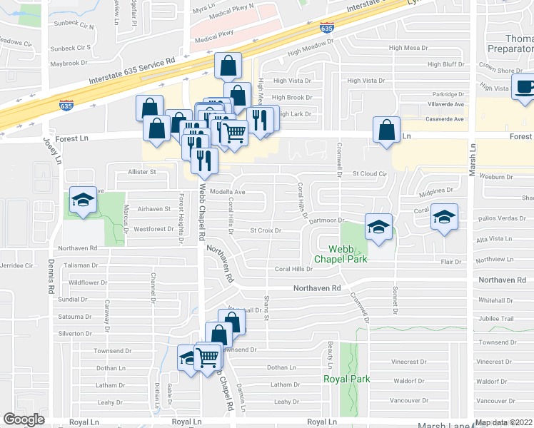 map of restaurants, bars, coffee shops, grocery stores, and more near 3244 Tower Trail in Dallas