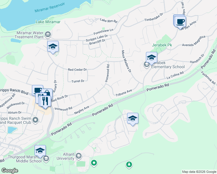 map of restaurants, bars, coffee shops, grocery stores, and more near 11271 Tribuna Avenue in San Diego