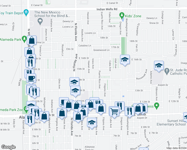 map of restaurants, bars, coffee shops, grocery stores, and more near 1405 Lulu Ave in Alamogordo
