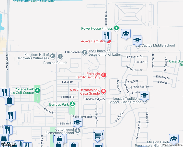 map of restaurants, bars, coffee shops, grocery stores, and more near 1920 North Avenue De Palmas in Casa Grande