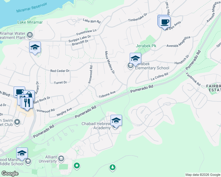 map of restaurants, bars, coffee shops, grocery stores, and more near 11513 Mesa Madera Court in San Diego