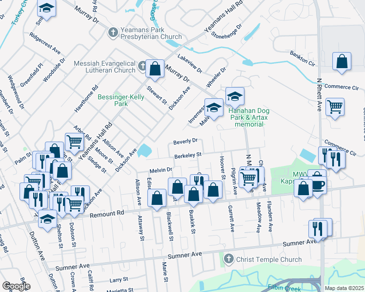 map of restaurants, bars, coffee shops, grocery stores, and more near 5829 Beverly Drive in Hanahan