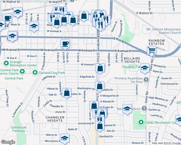 map of restaurants, bars, coffee shops, grocery stores, and more near 108 West Avenue G in Garland
