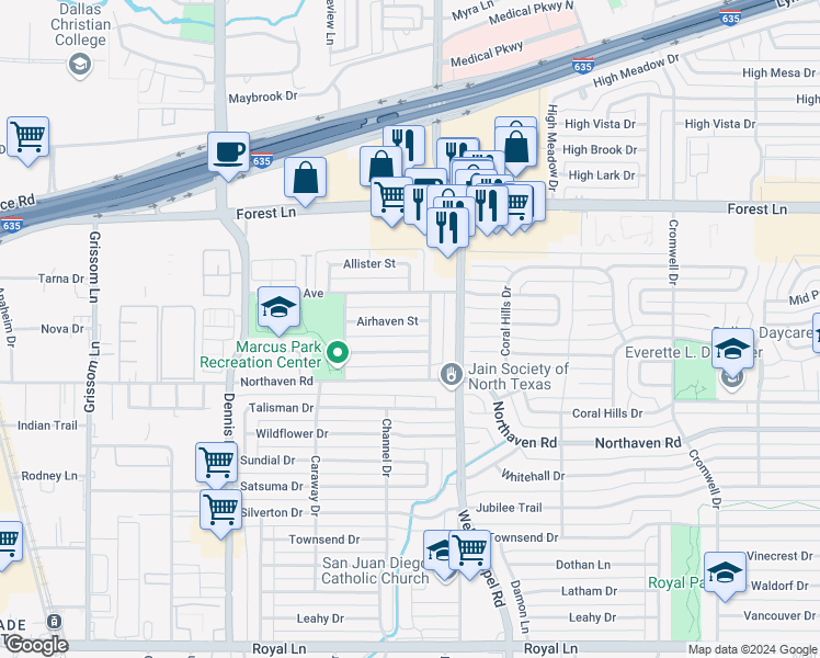 map of restaurants, bars, coffee shops, grocery stores, and more near 3042 Airhaven Street in Dallas