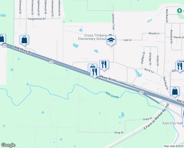 map of restaurants, bars, coffee shops, grocery stores, and more near 1311 Northwest Parkway Street in Azle