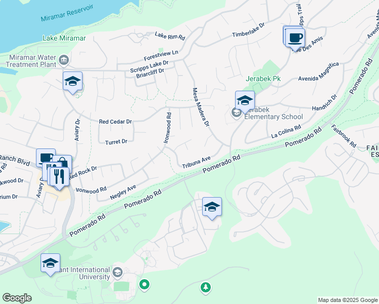 map of restaurants, bars, coffee shops, grocery stores, and more near 10011 Vista La Cuesta Court in San Diego