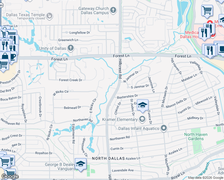 map of restaurants, bars, coffee shops, grocery stores, and more near 11515 Hillcrest Road in Dallas