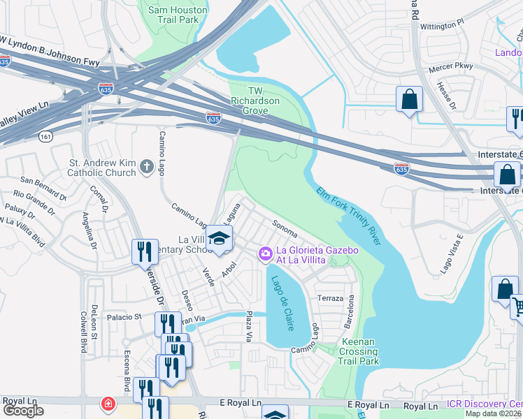 map of restaurants, bars, coffee shops, grocery stores, and more near 22 Sonoma in Irving