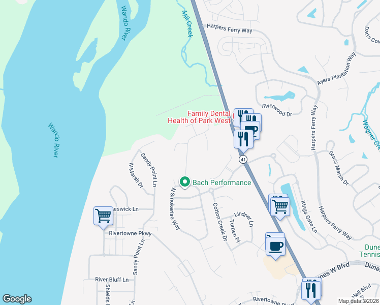 map of restaurants, bars, coffee shops, grocery stores, and more near 2136 Summerwood Drive in Mount Pleasant