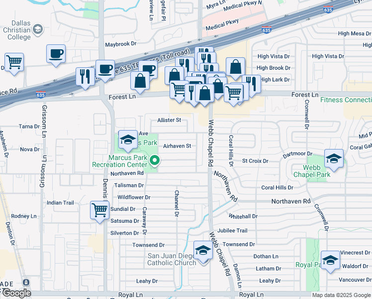 map of restaurants, bars, coffee shops, grocery stores, and more near 3042 Airhaven Street in Dallas