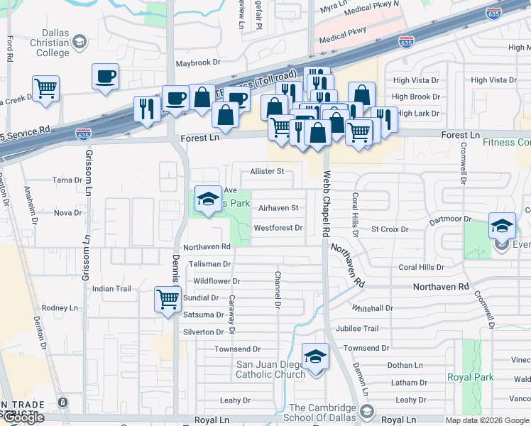 map of restaurants, bars, coffee shops, grocery stores, and more near 3014 Airhaven Street in Dallas