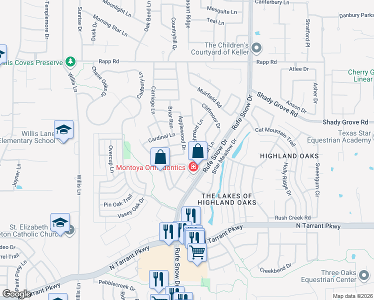 map of restaurants, bars, coffee shops, grocery stores, and more near 1483 Applewood Drive in Keller