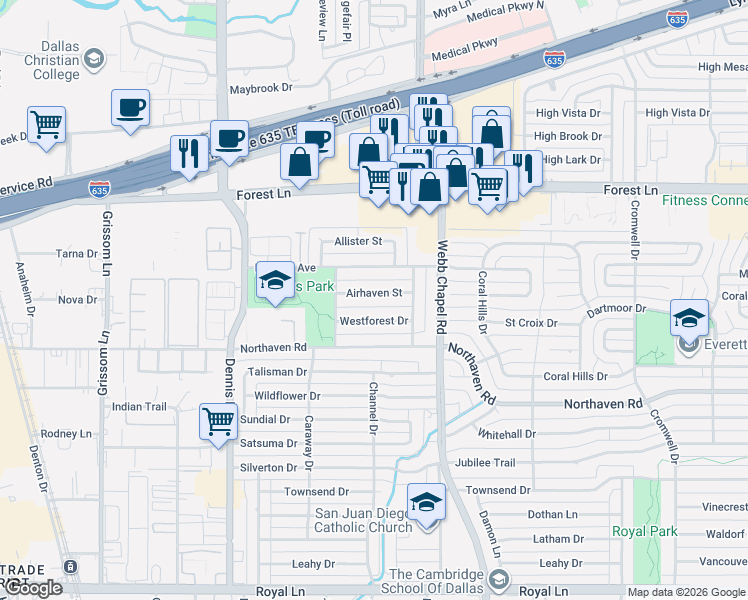 map of restaurants, bars, coffee shops, grocery stores, and more near 3042 Airhaven Street in Dallas